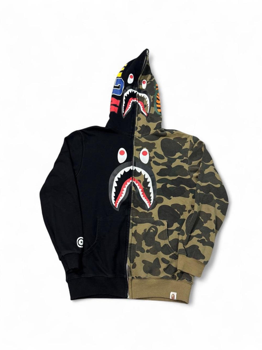 Bape a bathing ape shark full zip split camo hoodie S mens green black